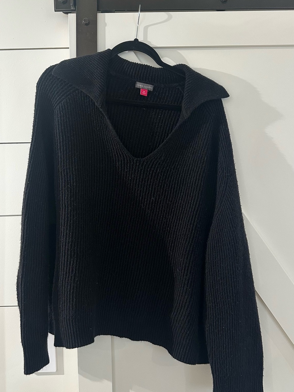 Vince Camuto Black V-Neck Collared Ribbed Oversized Sweater